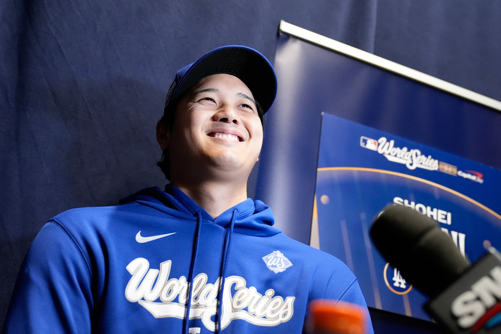 Los Angeles Dodgers' Shohei Ohtani speaks during a World Series baseball media day, Thursday, Oct. 23, 2025, in Toronto. The Toronto Blue Jays face the Los Angeles Dodgers in Game 1 on Friday. (AP Photo/Brynn Anderson)