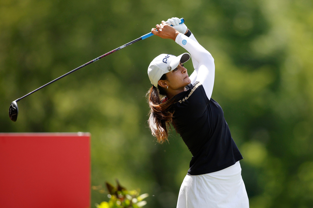 Gurleen Kaur watches her tee shot on the 15th hole during the first round of the Dow Championship LPGA golf tournament, Thursday, June 11, 2026, at Midland Country Club in Midland, Mich. (AP Photo/Al Goldis)