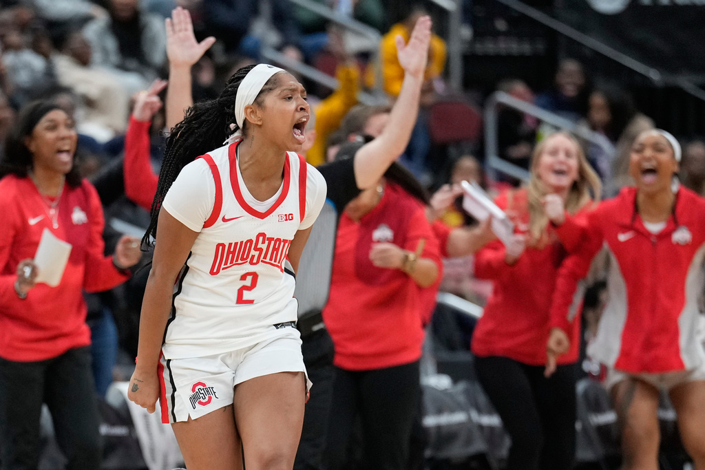 Ohio State's Chance Gray reacts after sinking a basket during the second half of an NCAA women's college basketball game against TCU in Newark, N.J., Monday, Jan. 19, 2026. (AP Photo/Seth Wenig)