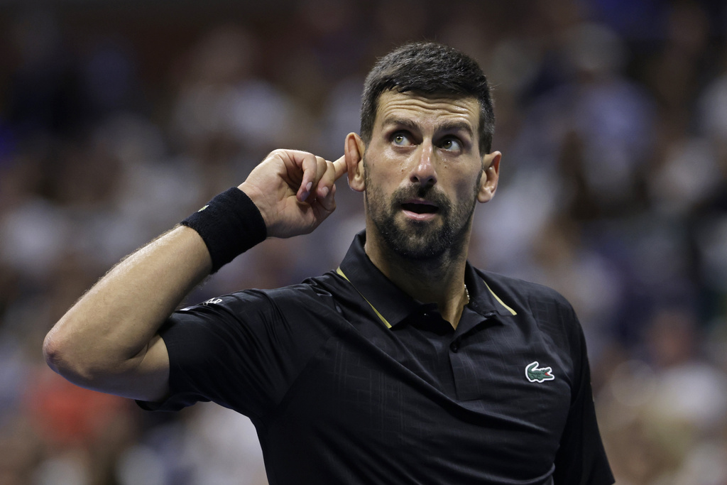 Novak Djokovic, of Serbia, reacts after winning a point against Cameron Norrie, of Great Britain, during the third round of the U.S. Open tennis championships, Friday, Aug. 29, 2025, in New York. (AP Photo/Adam Hunger)