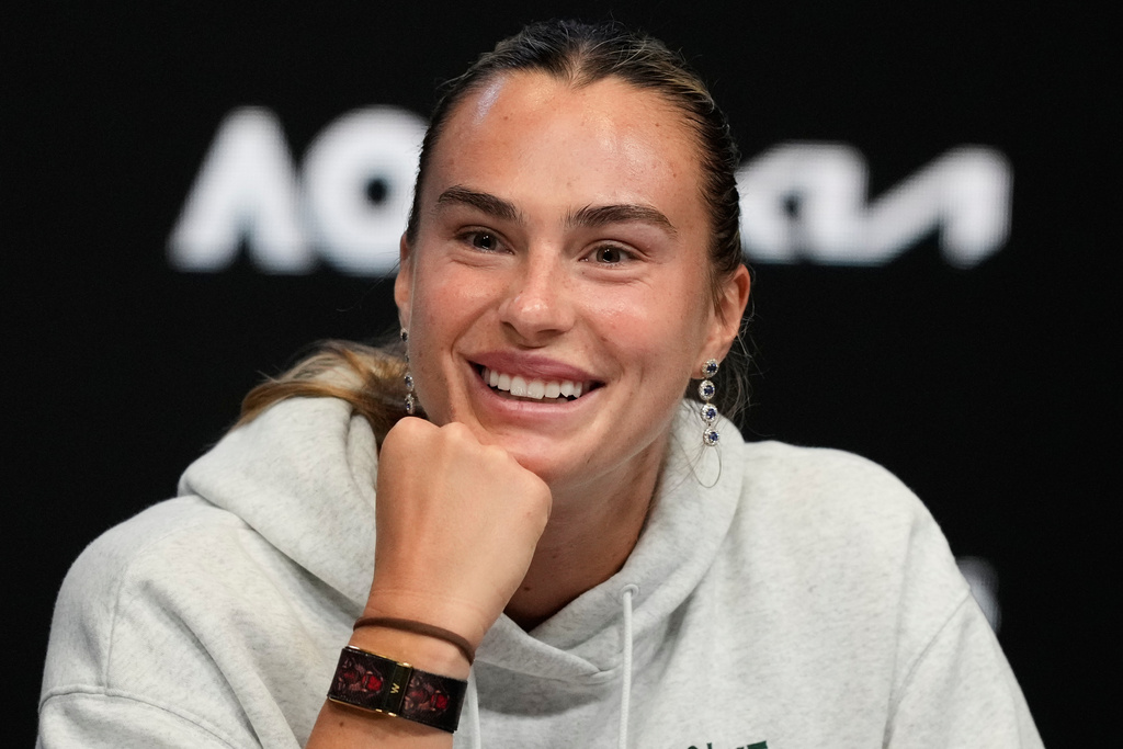 Aryna Sabalenka of Belarus reacts during a press conference ahead of the Australian Open tennis championship in Melbourne, Australia, Friday, Jan. 16, 2026. (AP Photo/Aaron Favila)