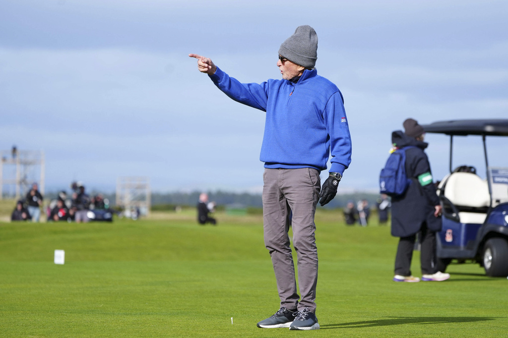 Michael Douglas on the 16th tee during day four of the 2025 Alfred Dunhill Links Championship at the Old Course, St Andrews, Scotland, Sunday, Oct. 5, 2025. (Jane Barlow/PA via AP)