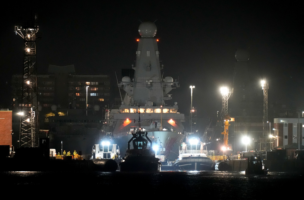 Royal Navy Type 45 destroyer HMS Dragon at the HM Naval Base, in Portsmouth Harbour, in Hampshire, England, Tuesday March 3, 2026, ahead of being deployed to protect British military personnel in Cyprus. (Andrew Matthews/PA via AP)