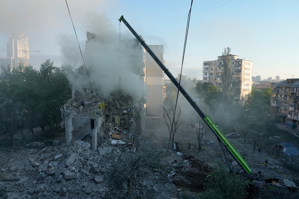 A residential apartment building is seen damaged after a Russian strike on Kyiv, Ukraine, Thursday, July 2, 2026. (AP Photo/Efrem Lukatsky)