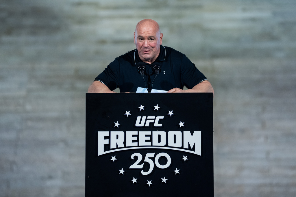 UFC President and CEO Dana White speaks during a UFC news conference at the Lincoln Memorial, ahead of Sunday's fight on the South Lawn of the White House, Friday, June 12, 2026, in Washington. (AP Photo/Allison Robbert)