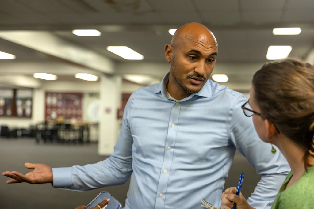 FILE - Rep. Shomari Figures, D-Ala., speaks to the media before a town hall hosted by Troy University College Democrats and the Pike County Democrats, Aug. 18, 2026, in Troy, Ala. (AP Photo/Vasha Hunt, File)