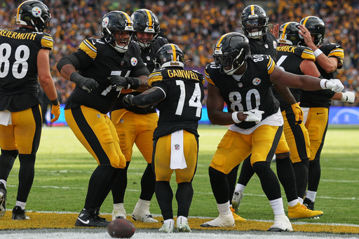 Steelers players celebrate scoring a touchdown during the NFL football game between Minnesota Vikings and Pittsburgh Steelers at Croke Park stadium in Dublin, Sunday, Sept. 28, 2025.(AP Photo/Ian Walton) Steelers players celebrate scoring a touchdown during the NFL football game between Minnesota Vikings and Pittsburgh Steelers at Croke Park stadium in Dublin, Sunday, Sept. 28, 2025.(AP Photo/Ian Walton)