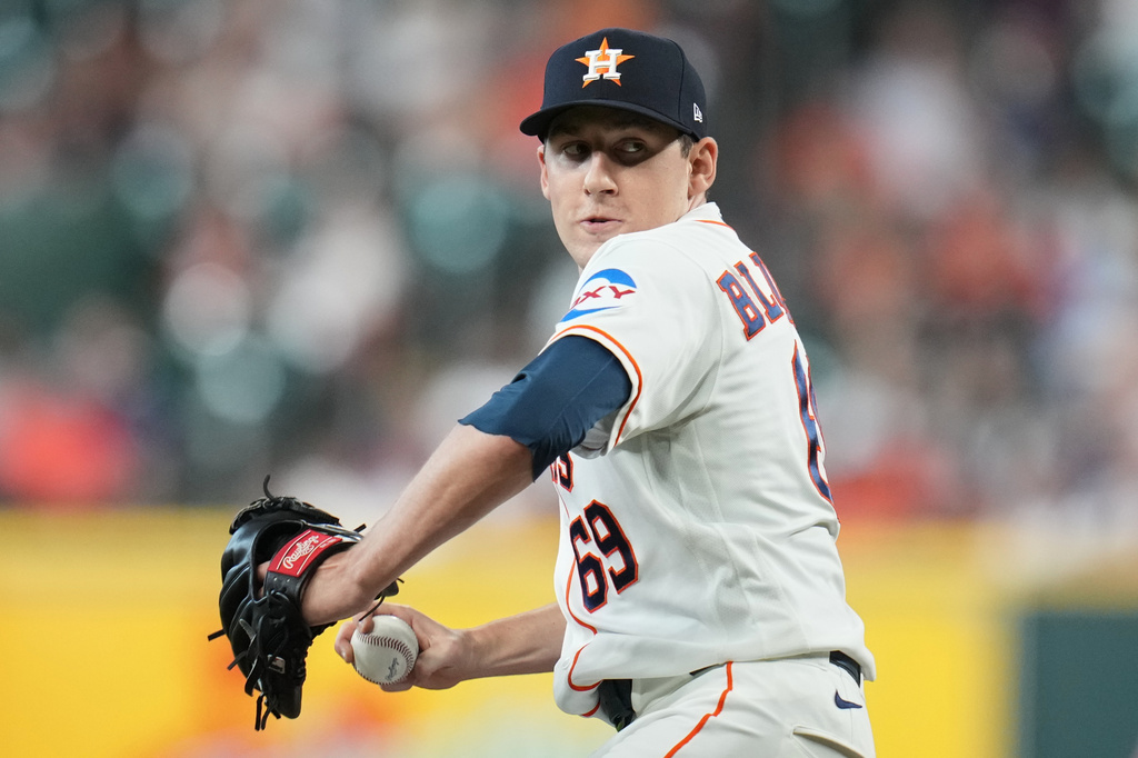 Houston Astros starting pitcher AJ Blubaugh (69) delivers during the first inning in Game 1 of baseball's American League Wild Card Series against the Chicago White Sox, Tuesday, Sept. 29, 2026, in Houston. (AP Photo/Karen Warren)
