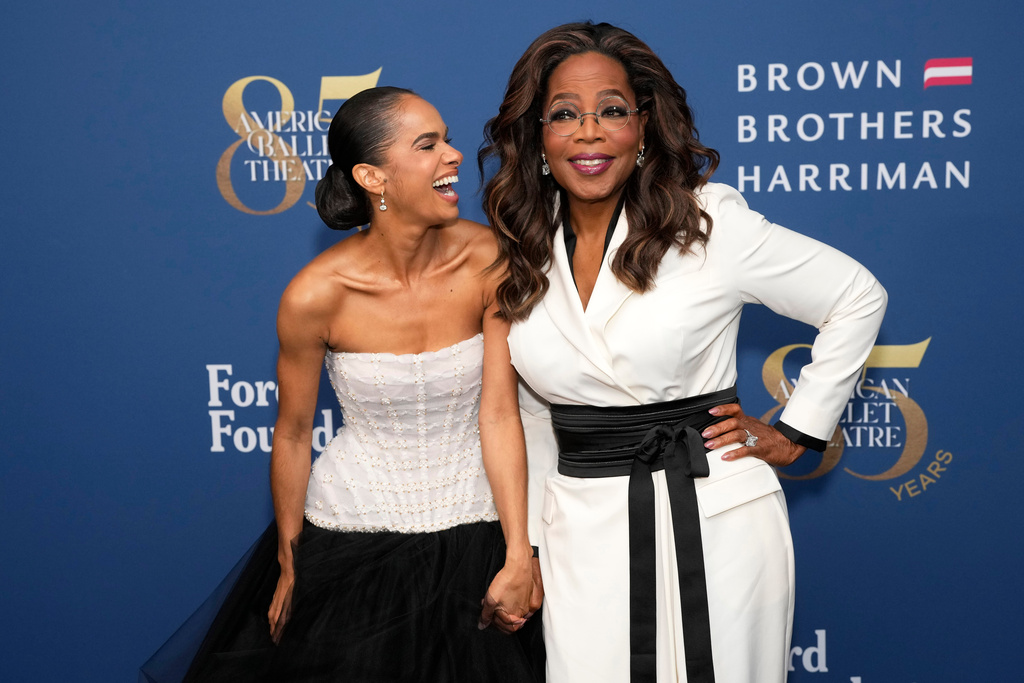 Misty Copeland, left, and Oprah Winfrey attend the American Ballet Theatre's Fall Gala honoring Misty Copeland at David Geffen Hall on Wednesday, Oct. 22, 2025, in New York. (Photo by Charles Sykes/Invision/AP)