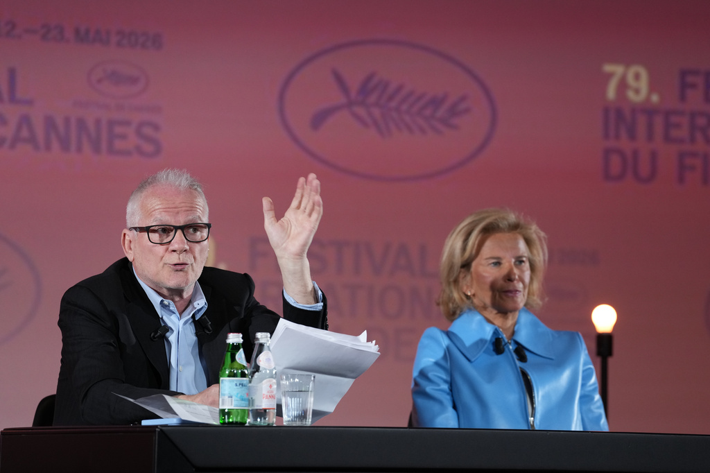 Cannes film festival president Iris Knobloch, right, and Cannes film festival delegate general Thierry Fremaux attend a press conference to announce the International Cannes film festival line up for the upcoming 79th edition, Thursday, April 9, 2026 in Paris. (AP Photo/Thibault Camus)