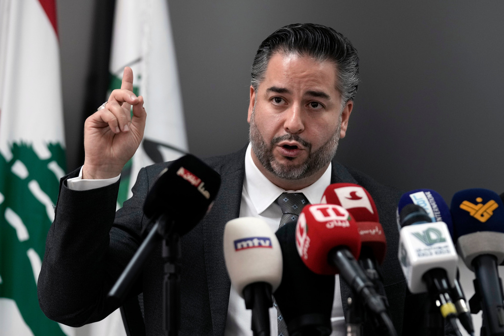 FILE - Lebanese caretaker Minister of Economy and Trade Amin Salam speaks during a news conference in Beirut, Lebanon, Thursday, May 30, 2024. (AP Photo/Bilal Hussein, file)