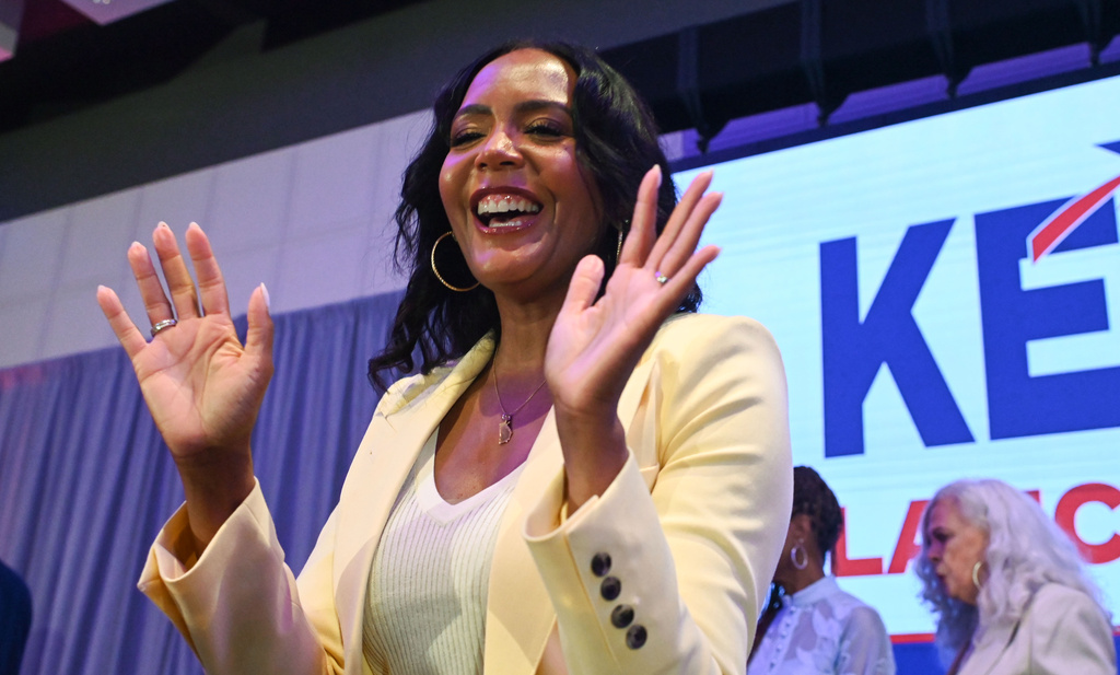 Gubernatorial candidate Keisha Lance Bottoms waves to supporters after winning the democratic nomination during her election night watch party Tuesday, May 19, 2026, in Atlanta. (Natrice Miller/Atlanta Journal-Constitution via AP)