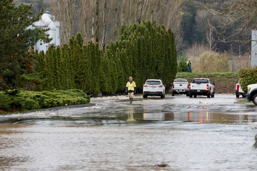 A response team crew member walks by standing water from a levee breach on the Green River in Tukwila, Wash., Monday, Dec. 15, 2025. (AP Photos/Manuel Valdes)