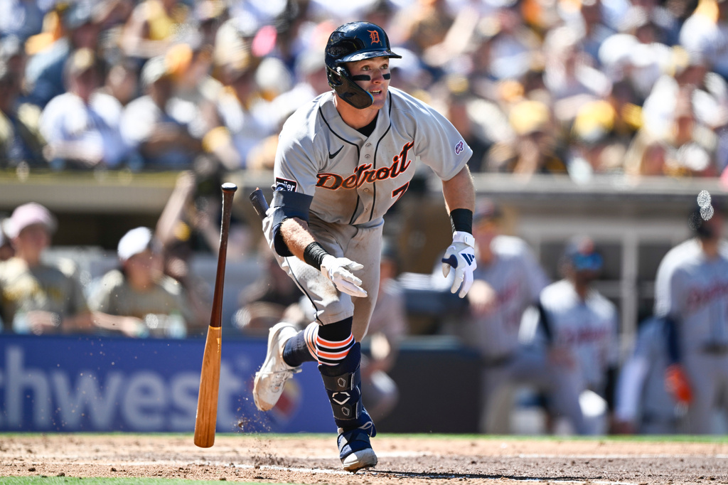 Detroit Tigers' Kevin McGonigle (7) hits a double during the third inning of an opening-day baseball game against the San Diego Padres Thursday, March 26, 2026, in San Diego. (AP Photo/Denis Poroy) CORRECTS SPELLING OF McGonigle from McGonigal.