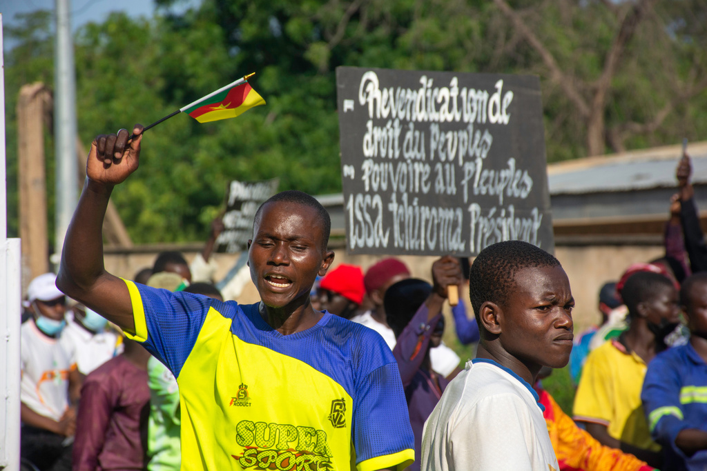 Supporters of opposition presidential candidate Issa Tchiroma, protest on the streets of Garoua, Cameroon, Sunday, Oct. 26, 2025. (AP Photo/Welba Yamo Pascal)