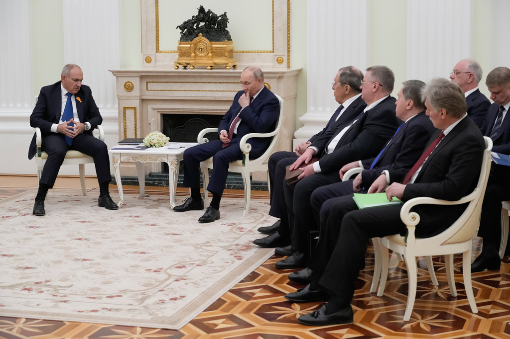 FILE - Russian President Vladimir Putin, center right, and Armenian Prime Minister Nikol Pashinyan, left, meet in the Kremlin, in Moscow, Wednesday, April 1, 2026. (AP Photo/Pavel Bednyakov, Pool, File)