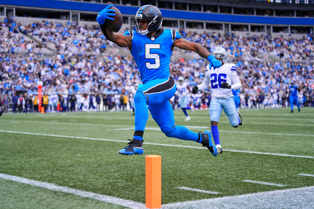 Carolina Panthers running back Rico Dowdle (5) runs the ball for a touchdown in the second half of an NFL football game against the Dallas Cowboys, Sunday, Oct. 12, 2025, in Charlotte, N.C. (AP Photo/Erik Verduzco)