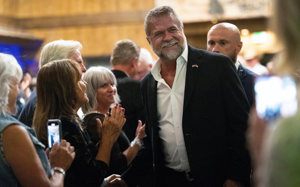 GOP gubernatorial candidate Victor Marx greets his supporters Tuesday, June 30, 2026, during a Colorado Primary Election watch party at Spruce Mountain Ranch in Larkspur, Colo. (Christian Murdock/The Gazette via AP)