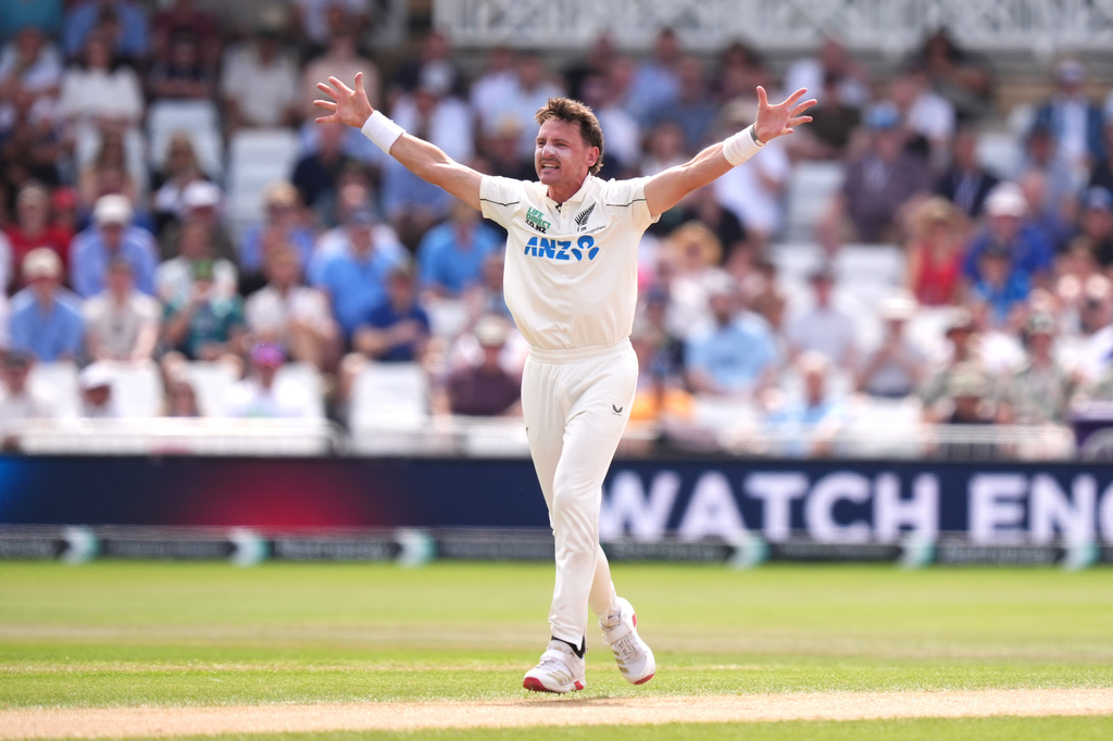 New Zealand's Nathan Smith celebrates bowling out England's Joe Root via lbw, during day three of the Third Test cricket match between England and New Zealand, in Nottingham, England, Saturday June 27, 2026. (Mike Egerton/PA via AP)