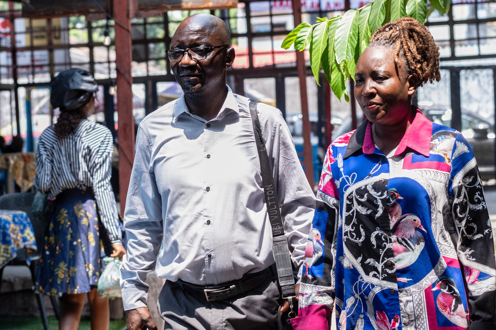 Prosper Mbumba poses with his wife, Regine Ntumba, the mother of their six children (four daughters and two sons) in Kinshasa, Congo, Monday, April 6, 2026. (AP Photo/Samy Ntumba Shambuyi)