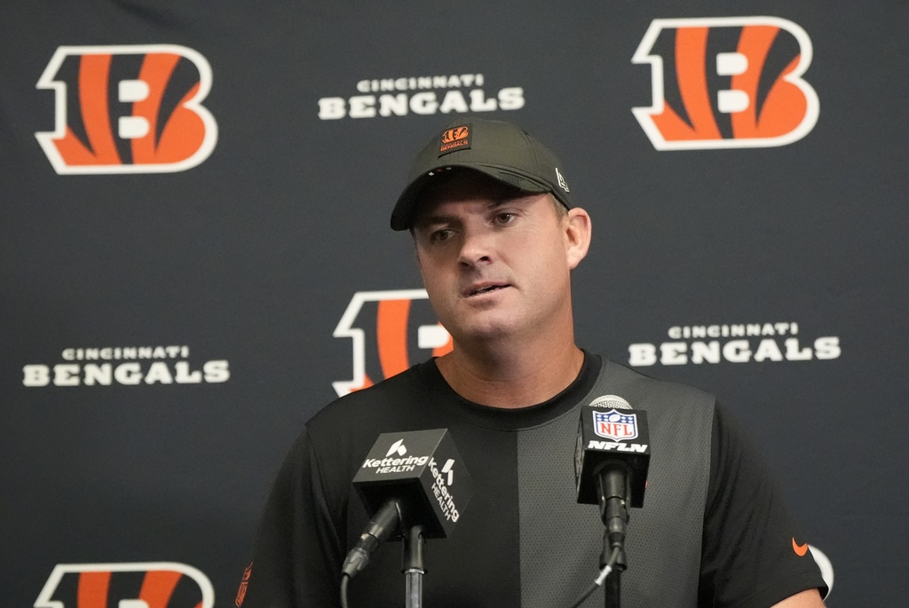 Cincinnati Bengals head coach Zac Taylor speaks after an NFL football game against the Minnesota Vikings, Sunday, Sept. 21, 2025, in Minneapolis. (AP Photo/Mike Stewart)