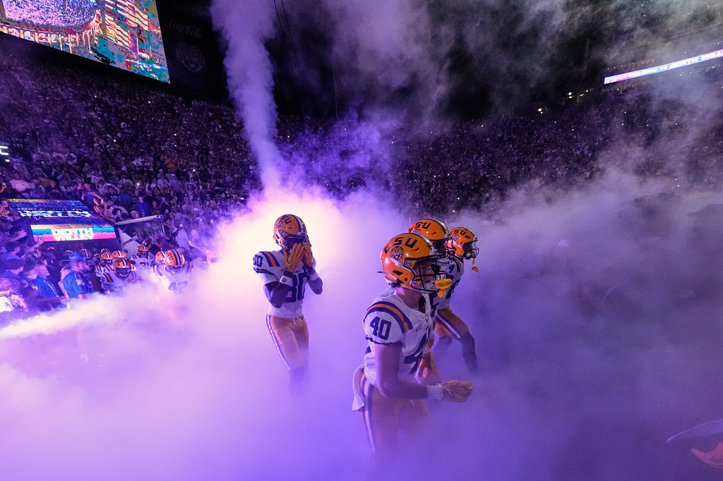LSU takes to the field before an NCAA college football game against Clemson, Saturday, Sept. 5, 2026 in Baton Rouge, La. (AP Photo/Gerald Herbert)