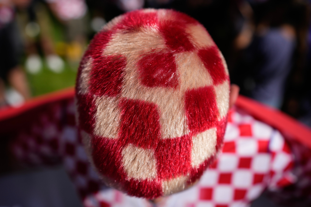 A soccer fan shows off his hair dyed in Croatia's signature red-and-white checkerboard pattern while marching to the stadium for the team's World Cup group-stage match against Panama, in Toronto Tuesday, June 23, 2026. (Chris Young/The Canadian Press via AP)