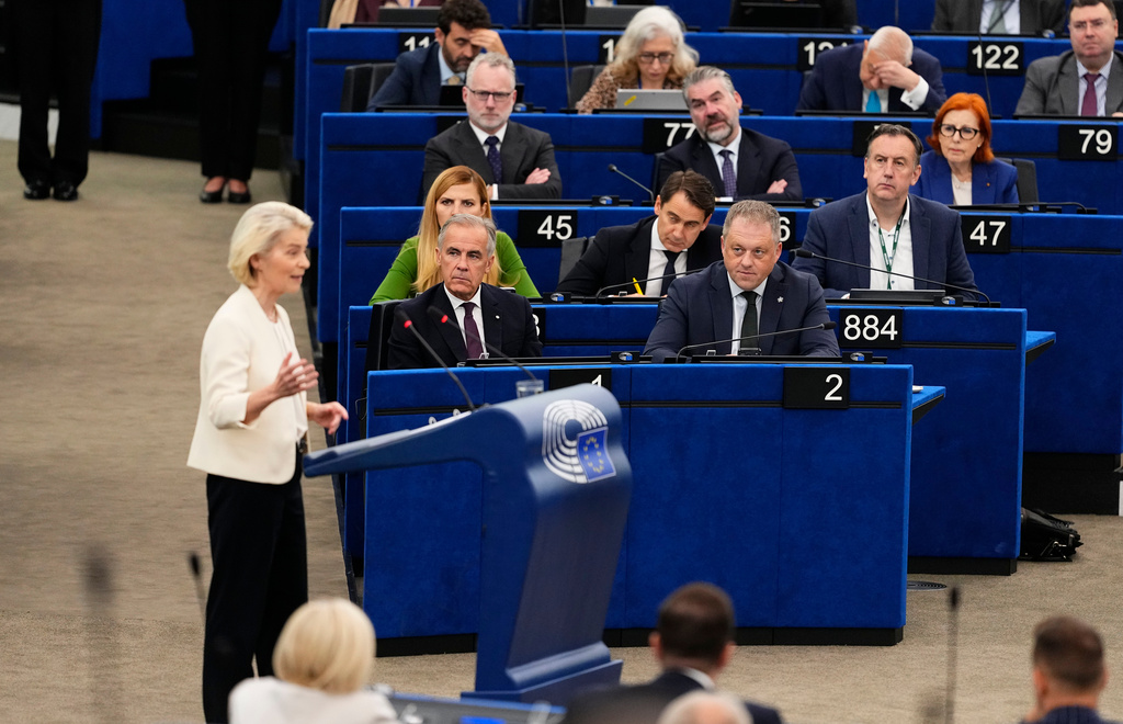 Canadian Prime Minister Mark Carney attends the State of the European Union address by President of the European Commission Ursula von der Leyen, left, at the European Parliament in Strasbourg, France, Wednesday, Sept. 16, 2026. (Justin Tang/The Canadian Press via AP)