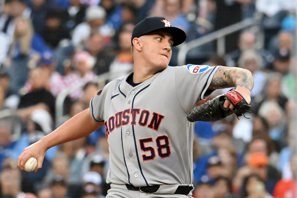 Houston Astros pitcher Hunter Brown throws to a Toronto Blue Jays batter during the first inning of a baseball game in Toronto, Monday, June 22, 2026. (Jon Blacker/The Canadian Press via AP)