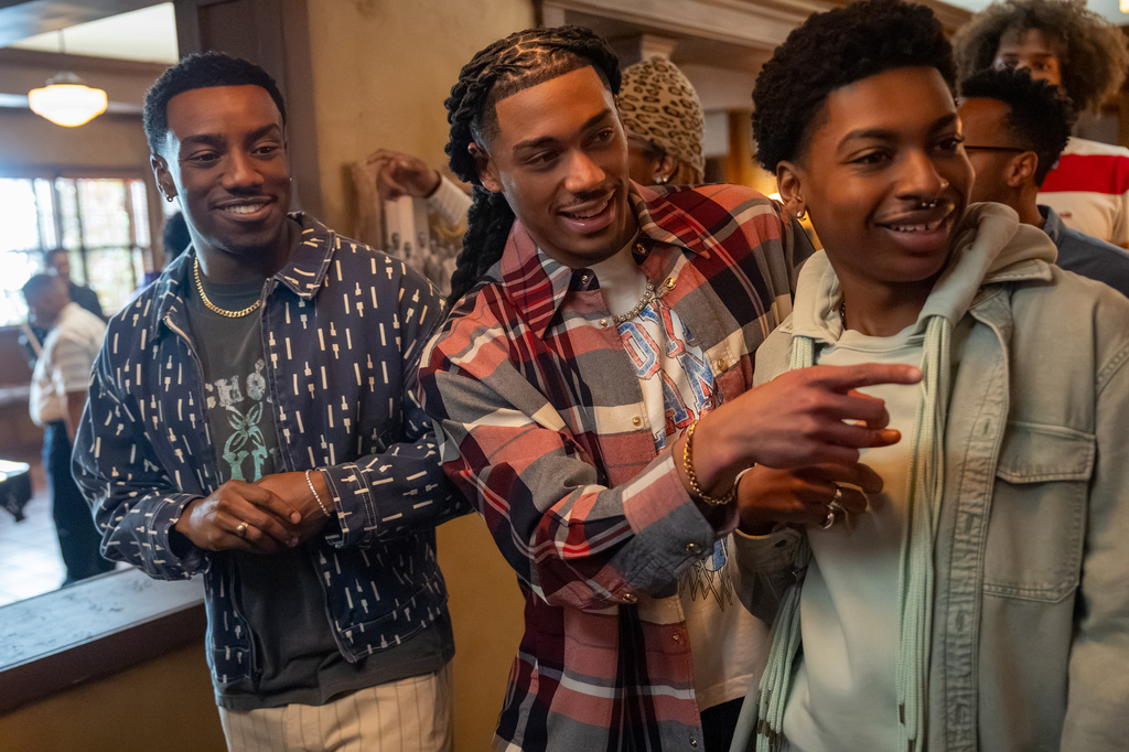 This image released by Netflix shows Chibuikem Uche, from left, Cornell Young IV and Jordan Aaron Hall in a scene from "A Different World." (Quantrell Colbert/Netflix via AP)