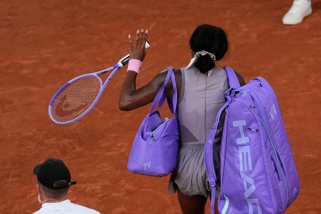 Coco Gauff of the U.S. leaves the court after the third round women's singles tennis match against Anastasia Potapova of Austria at the French Open tennis tournament in Paris, Saturday, May 30, 2026. (AP Photo/Christophe Ena)