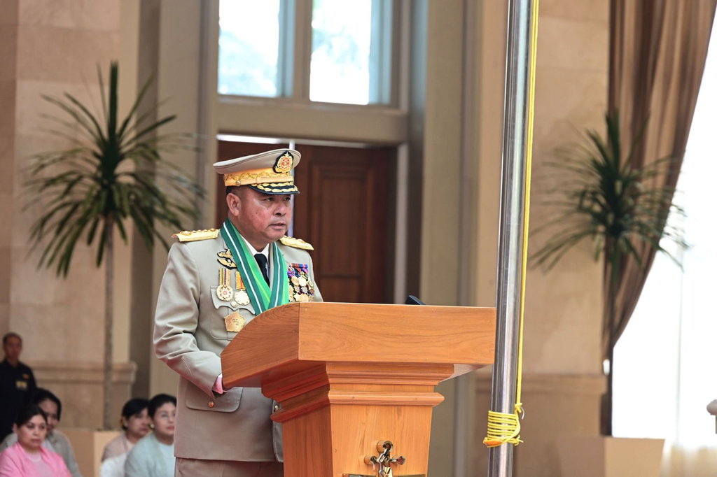 In this photo provided by Myanmar Military True News Information Team, newly appointed Commander-in-Chief Gen. Ye Win Oo speaks during a ceremony Monday, March 30, 2026, in Naypyitaw, Myanmar. (Myanmar Military True News Information Team via AP)