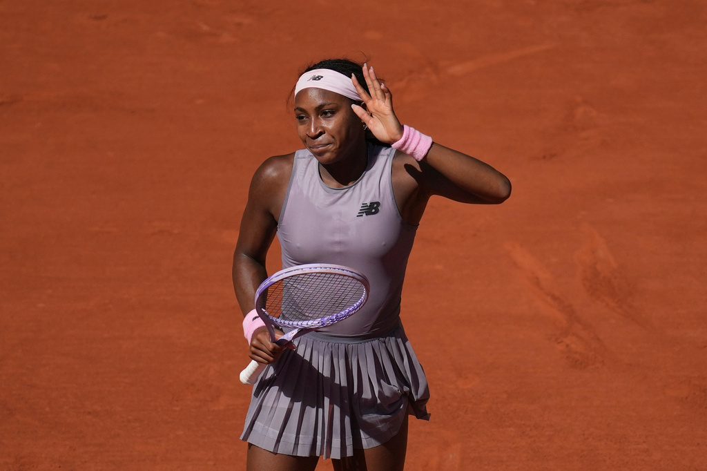 Coco Gauff of the U.S. celebrates after winning against Taylor Townsend of the U.S. during their first round women's singles tennis match at the French Open tennis tournament in Paris, Tuesday, May 26, 2026. (AP Photo/Christophe Ena)