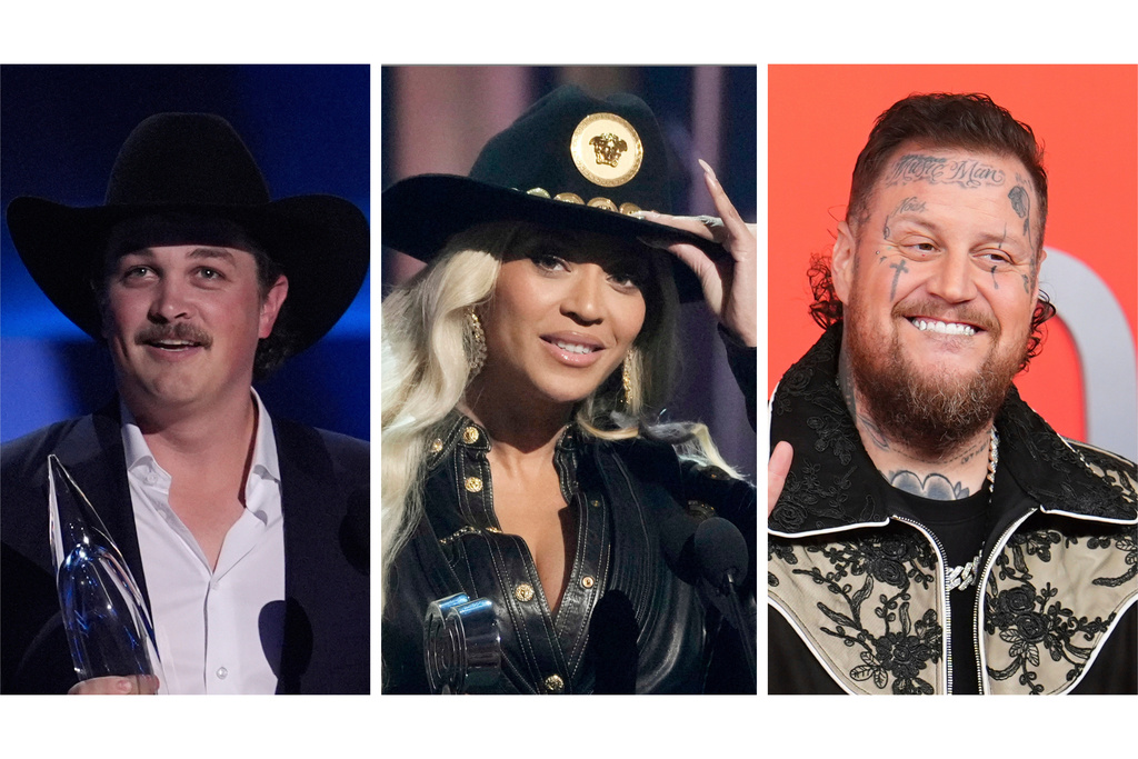 This photo combo shows from left, Zach Top, Beyonce, and Jelly Roll. (AP Photo/File)
