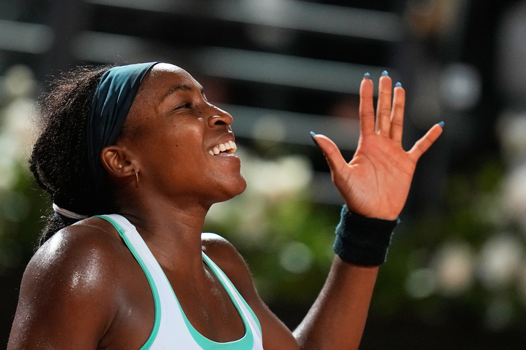 Coco Gauff of the United States celebrates defeating Mirra Andreeva of Russia in their match at the Italian Open tennis tournament in Rome, Tuesday, May 12, 2026. (AP Photo/Alessandra Tarantino)