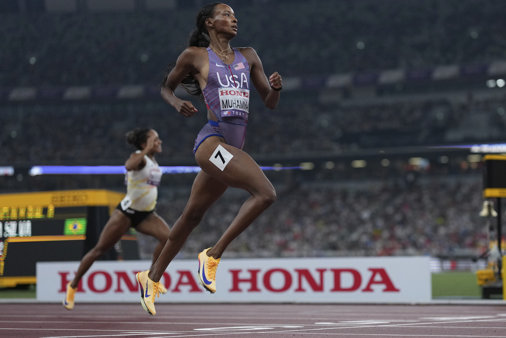 United States' Dalilah Muhammad competes during a women's 400 meters hurdles semifinal at the World Athletics Championships in Tokyo, Wednesday, Sept. 17, 2025. (AP Photo/Bernat Armangue)