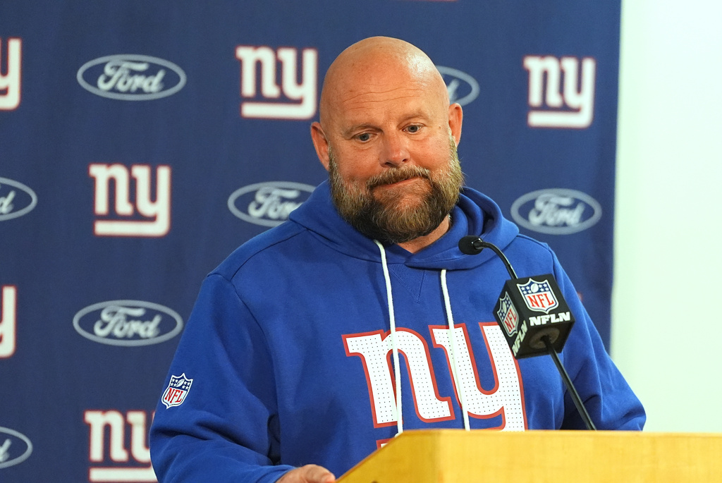 New York Giants head coach Brian Daboll responds to questions after an NFL football game against the Denver Broncos, Sunday, Oct. 19, 2025, in Denver. (AP Photo/David Zalubowski)