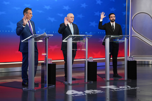 From left, Independent candidate former New York Gov. Andrew Cuomo, Republican candidate Curtis Sliwa and Democratic candidate Zohran Mamdani participate in a mayoral debate, Thursday, Oct. 16, 2025, in New York. (AP Photo/Angelina Katsanis, Pool) From left, Independent candidate former New York Gov. Andrew Cuomo, Republican candidate Curtis Sliwa and Democratic candidate Zohran Mamdani participate in a mayoral debate, Thursday, Oct. 16, 2025, in New York. (AP Photo/Angelina Katsanis, Pool)
