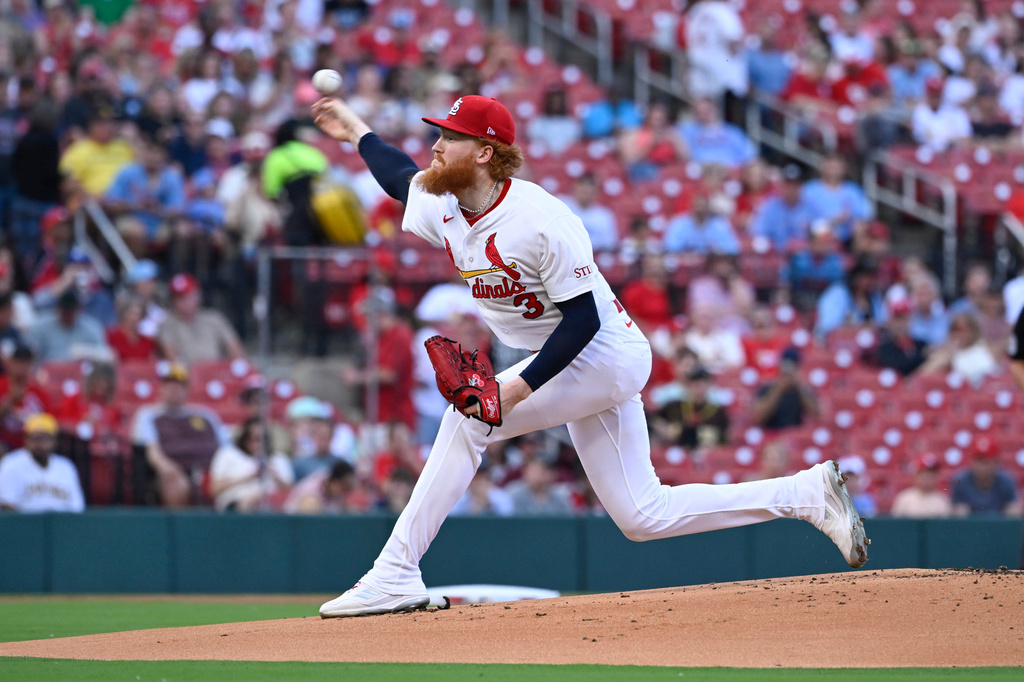 St. Louis Cardinals starting pitcher Dustin May throws in the first inning of a baseball game against the San Diego Padres, Monday, June 15, 2026, in St. Louis. (AP Photo/Joe Puetz)