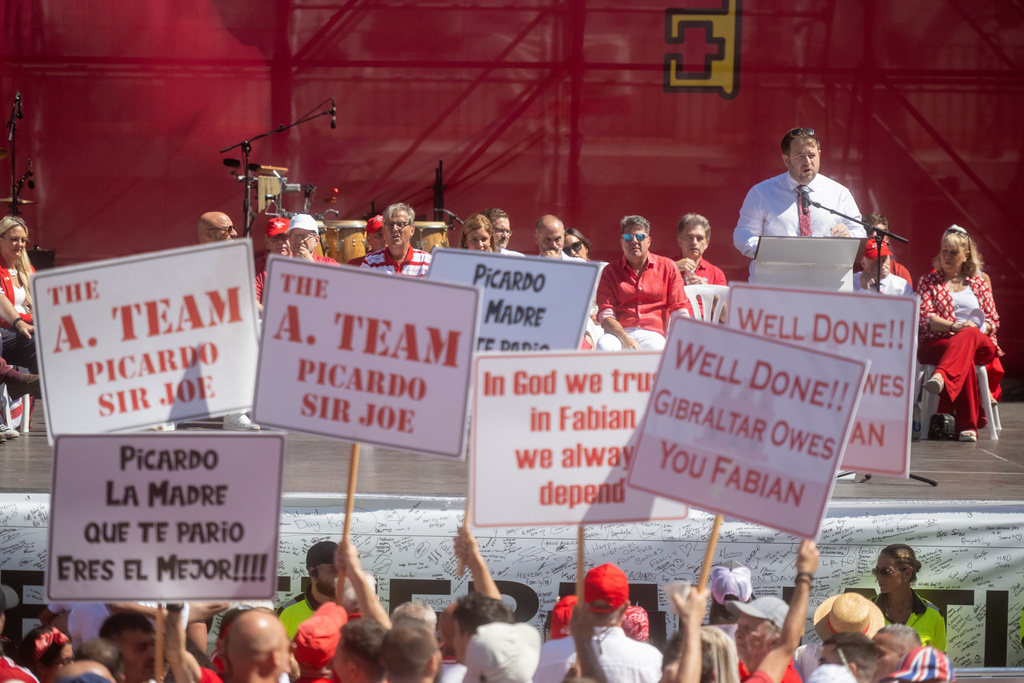 Minister of State for Europe Stephen Doughty speaks next to the chief Minister of Gibraltar Fabian Picardo, during National Day celebrations in the contested territory of Gibraltar on Wednesday Sept. 10, 2025. (AP Photo/Marcos Moreno)