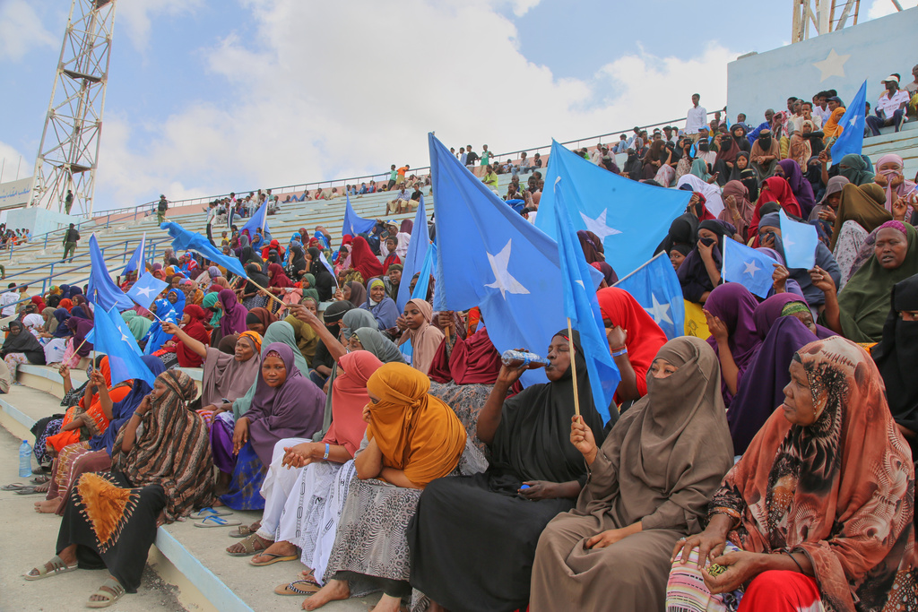 Hundreds of Somalis gather at the Mogadishu stadium as they protest Israel's recognition of Somalia's breakaway region of Somaliland as an independent nation, in Mogadishu, Somalia, Tuesday, Dec. 30, 2025. (AP photo/Farah Abdi Warsameh)