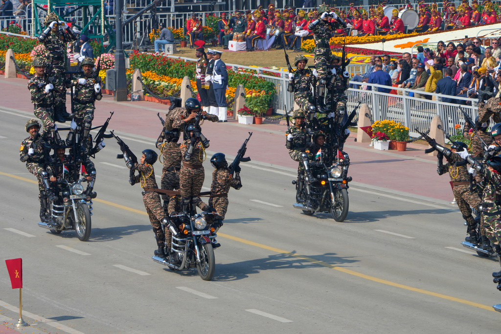 Soldiers from Indian para-military force display their skills on motorcycles during the Republic Day parade celebrations in New Delhi, India, Monday, Jan. 26, 2026. (AP Photo/Manish Swarup)