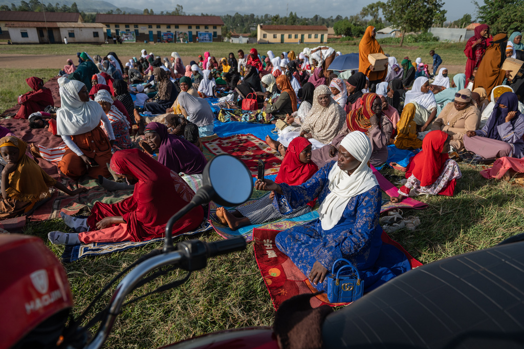 Muslims gather to pray at Sayo Muhamed School during the Eid al-Adha celebration amid an Ebola outbreak in Bunia, Congo, Wednesday, May 27, 2026. (AP Photo/Moses Sawasawa)