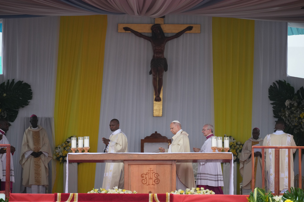 Pope Leo XIV celebrates Mass in the Japoma Stadium, in Douala, Cameroon, Friday, April 17, 2026 on the fifth day of his 11-day pastoral visit to Africa. (AP Photo/Andrew Medichini)