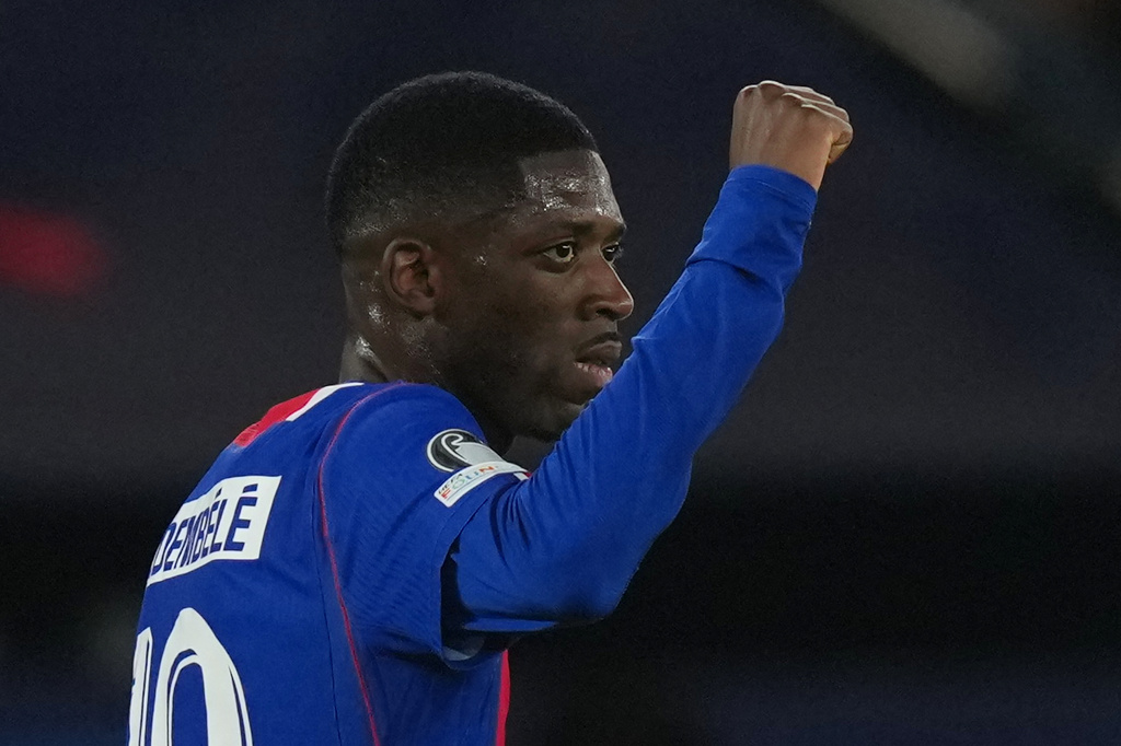 PSG's Ousmane Dembele celebrates after scoring during the Champions League opening phase soccer match between PSG and Slovan Bratislava in Paris, Wednesday, Sept. 9, 2026. (AP Photo/Thibault Camus)