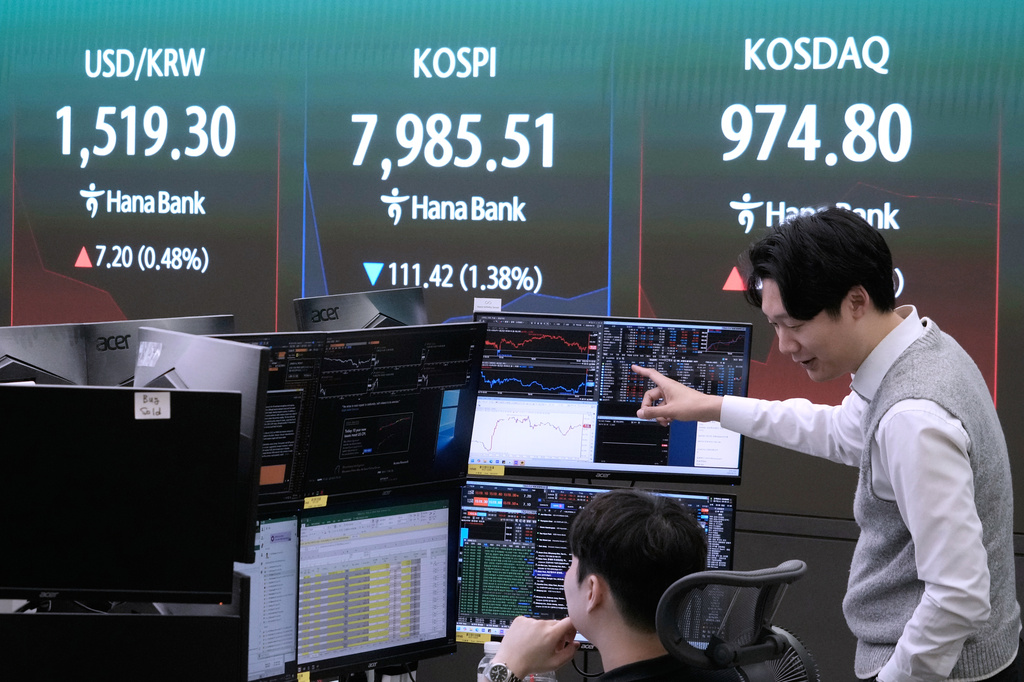 Currency traders work near a screen showing the Korea Composite Stock Price Index (KOSPI) and the foreign exchange rate between U.S. dollar and South Korean won at the foreign exchange dealing room of the Hana Bank headquarters in Seoul, South Korea, Wednesday, June 10, 2026. (AP Photo/Ahn Young-joon)