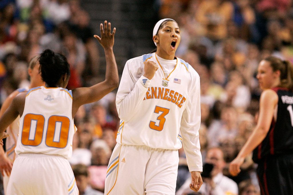 FILE - Candace Parkert (3) celebrates after a shot during the national championship basketball game against Stanford at the NCAA Women's Final Four, April 8, 2008, in Tampa, Fla. (AP Photo/Amy Sancetta, File)