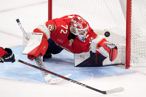 A shot from Pittsburgh Penguins center Sidney Crosby, not pictured, gets past Florida Panthers goaltender Sergei Bobrovsky (72) for the team's fifth goal of the game, during the third period of an NHL hockey game, Thursday, Oct. 23, 2025, in Sunrise, Fla. (AP Photo/Rebecca Blackwell) A shot from Pittsburgh Penguins center Sidney Crosby, not pictured, gets past Florida Panthers goaltender Sergei Bobrovsky (72) for the team's fifth goal of the game, during the third period of an NHL hockey game, Thursday, Oct. 23, 2025, in Sunrise, Fla. (AP Photo/Rebecca Blackwell)