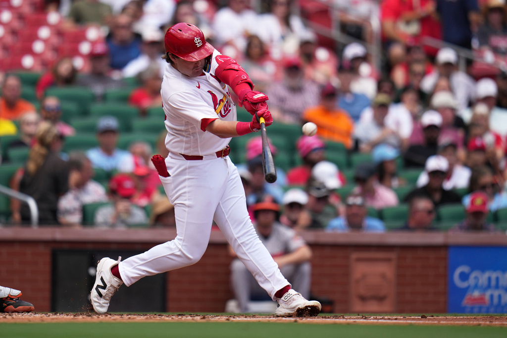 St. Louis Cardinals' Blaze Jordan hits a three-run home run during the second inning of a baseball game against the Baltimore Orioles Thursday, Aug. 27, 2026, in St. Louis. (AP Photo/Jeff Roberson)