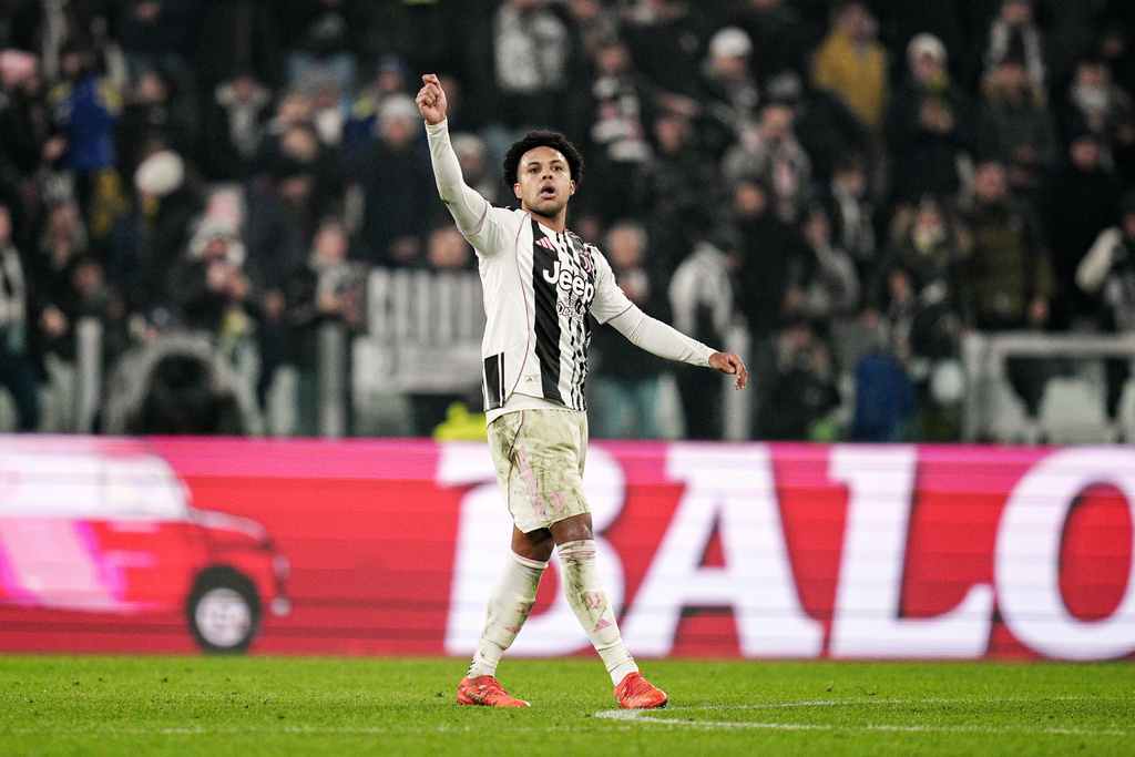 Juventus' Weston McKennie celebrates after scoring a goal for his team during the Serie A soccer match between Juventus and Lazio, in Turin, Italy, Sunday, Feb. 8, 2026. (Marco Alpozzi/LaPresse via AP)